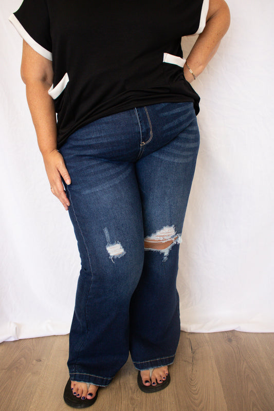 Real Teal High Rise Ripped Bell Bottom Jeans
