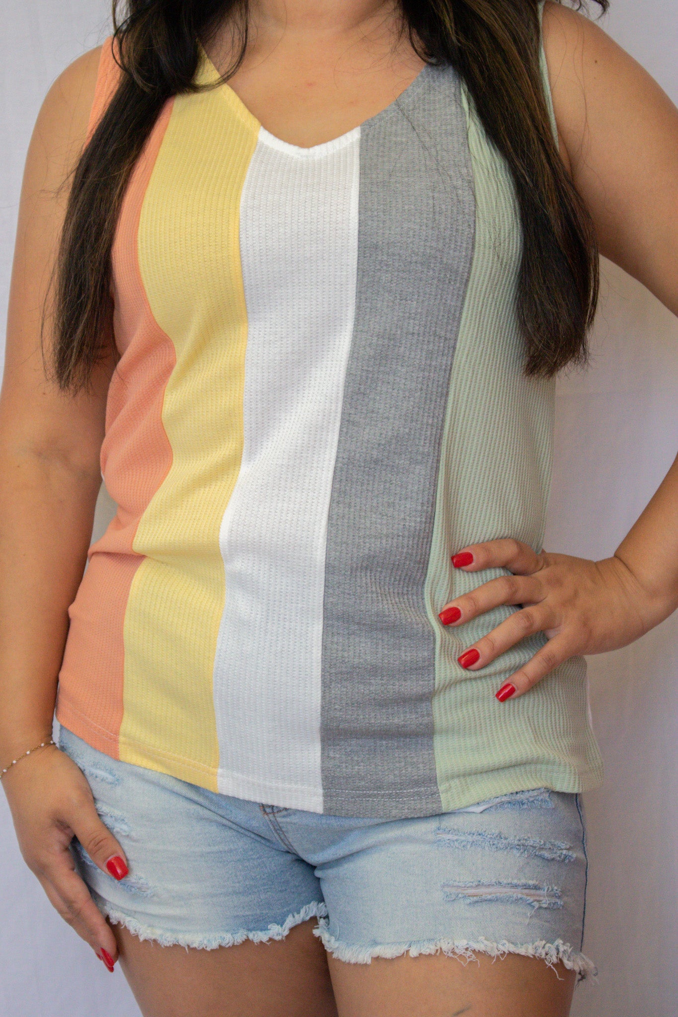 Multicolor Color Block V-Neck Waffle Tank Top