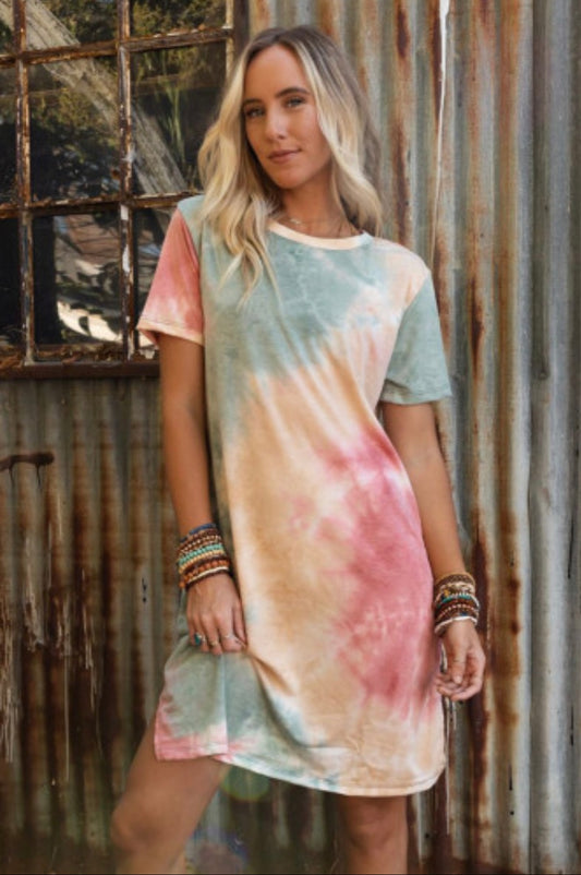 Tie Dye Multicolor Oversized Slit Tee Dress