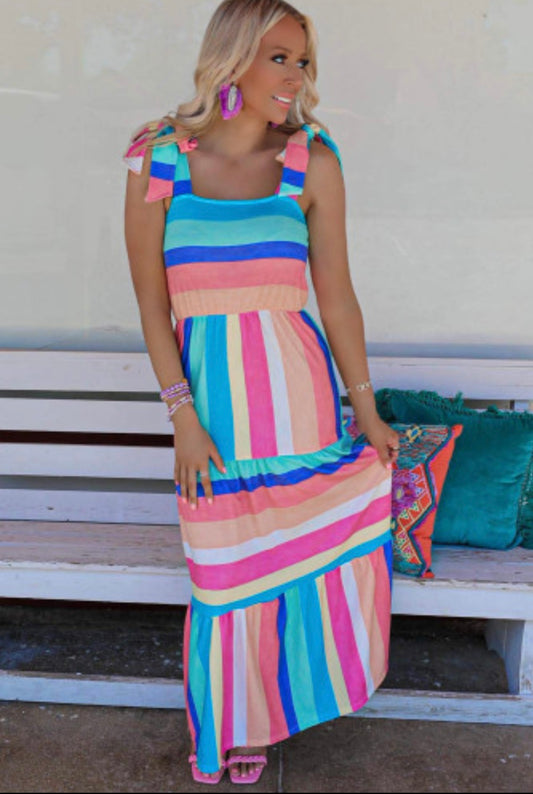 Color Block Striped Bow Knot Straps Maxi Dress