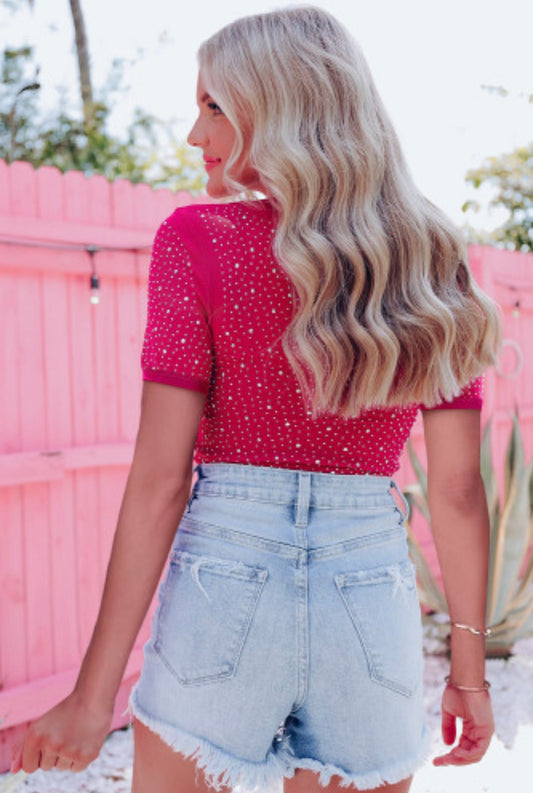 Rhinestone Allover Round Neck Bodysuit