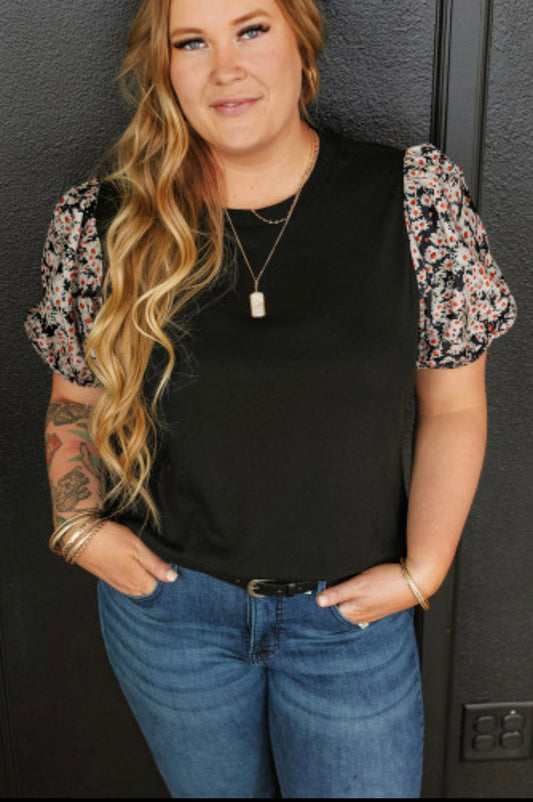 Black Daisy Bubble Sleeve Top