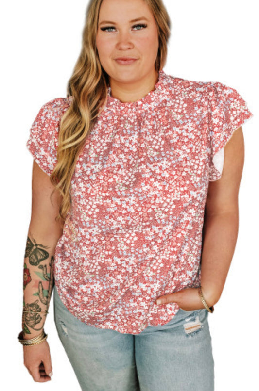 Pink Floral Print Ruffled Sleeve Tops