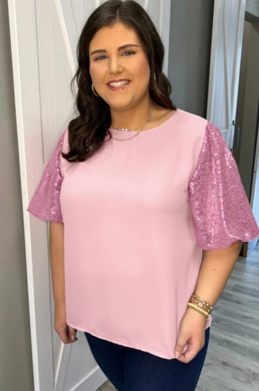 Pink Sequined Bubble Sleeve Top