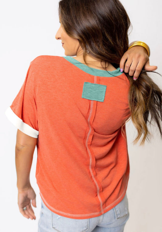 Grapefruit Contrast Trim Vneck Tees