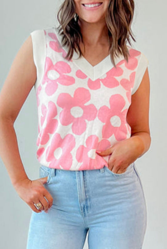 Pink Flower Knitted V Neck Tank Top
