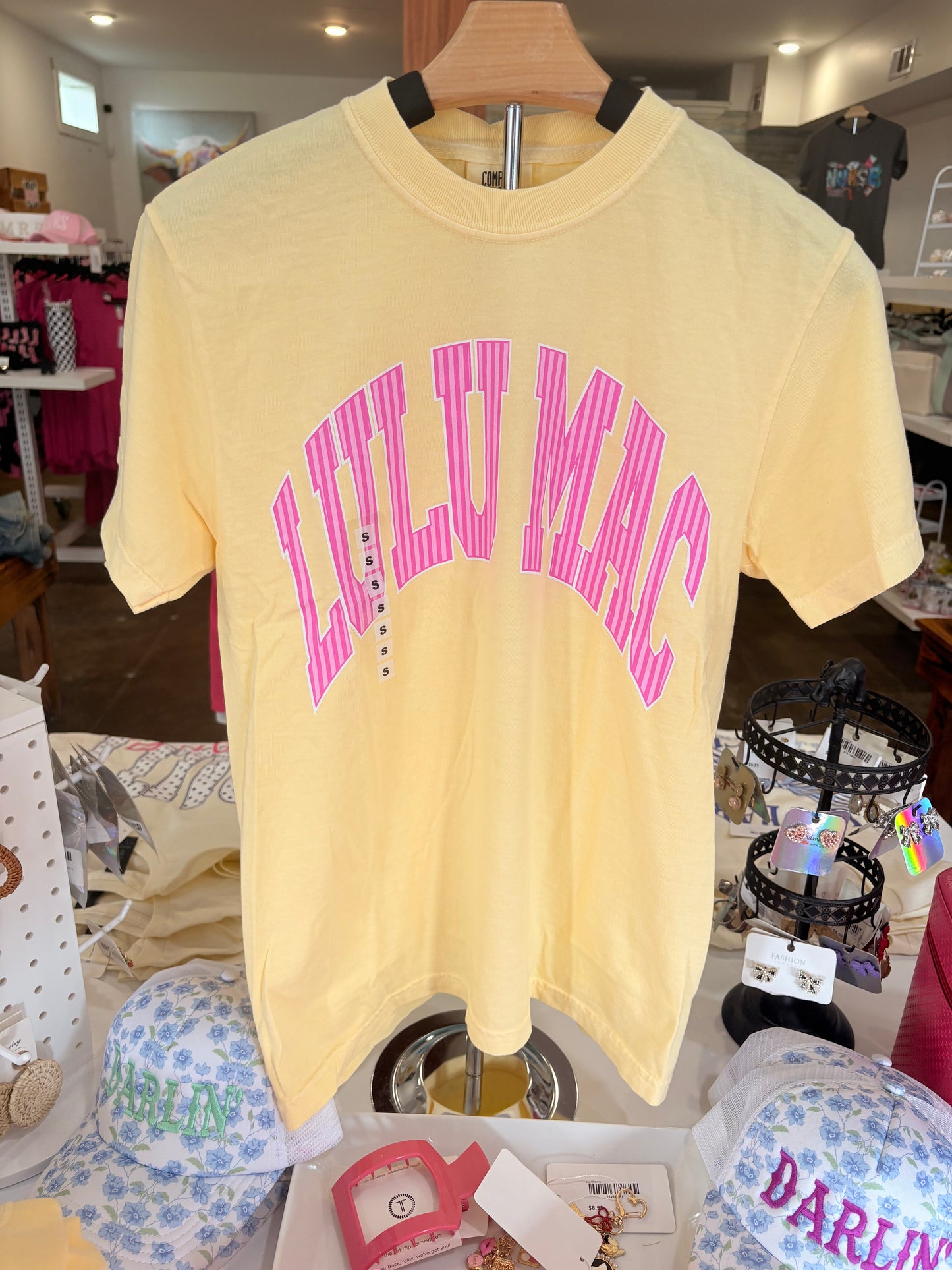 LULU MAC Pink Stripe Graphic Tee – Butter Yellow - SBC