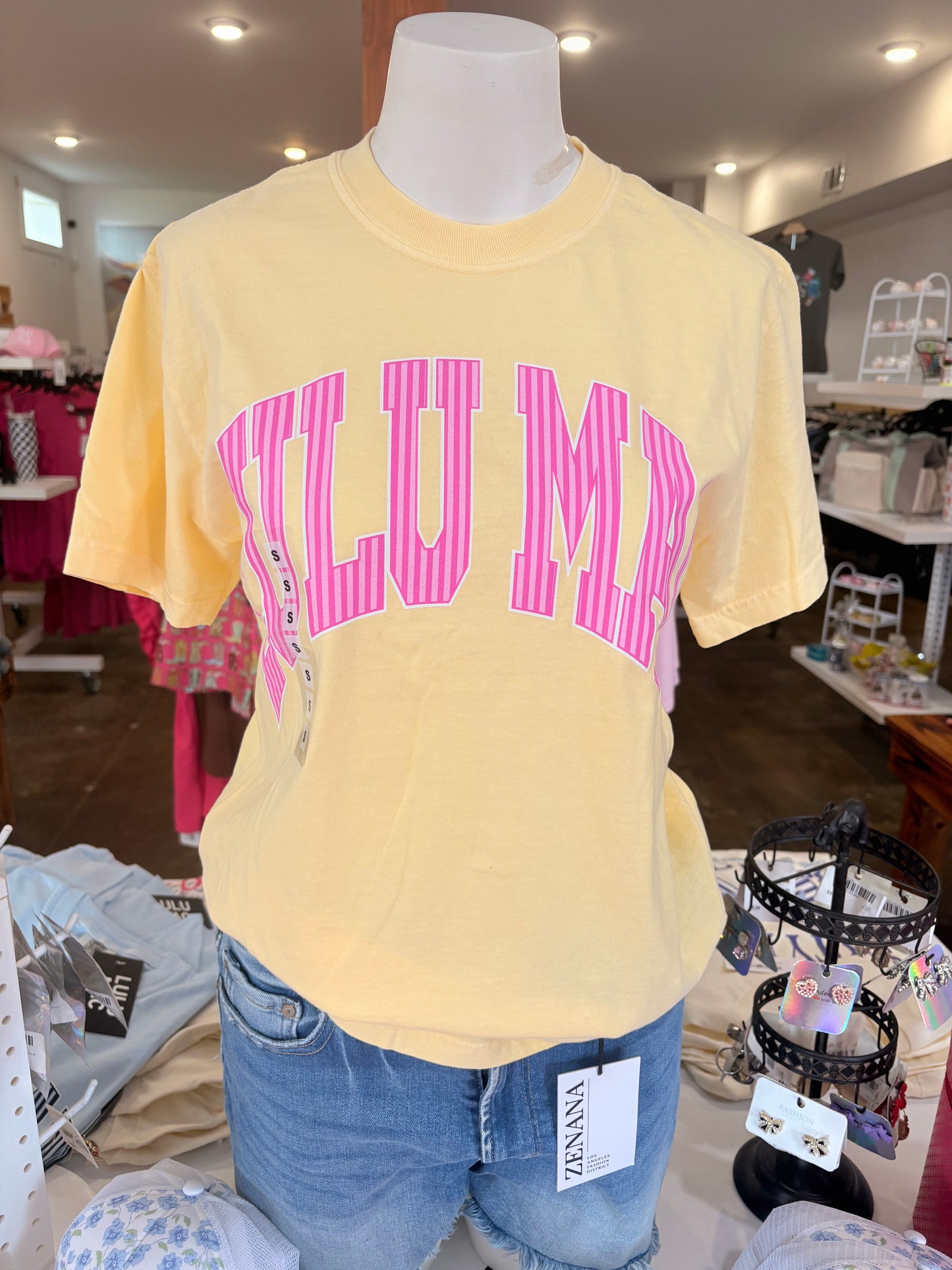 LULU MAC Pink Stripe Graphic Tee – Butter Yellow - SBC