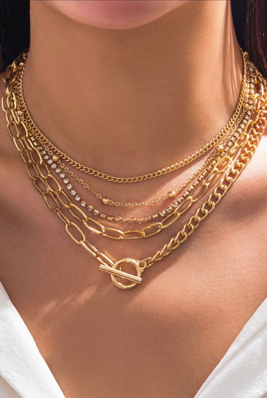 Gold 5 piece layered rhinestone necklace set