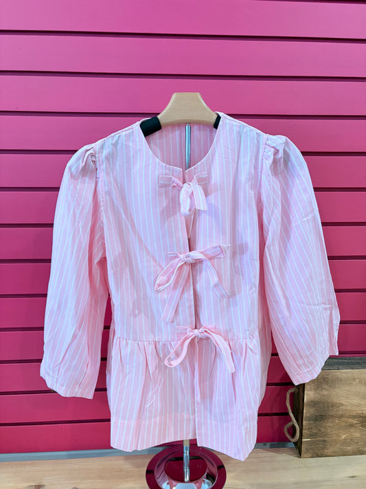 Pink and White Striped Tie Long sleeve Top
