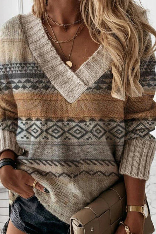 Khaki Geometric Print Ribbed Knitted V Neck Sweater