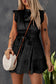 Black Satin Leopard Tie Waist Frilled Sleeveless Dress