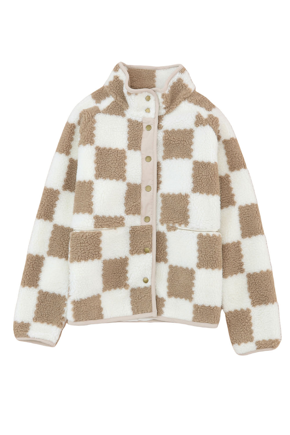 Brown Checked Snap Button Sherpa Jackets