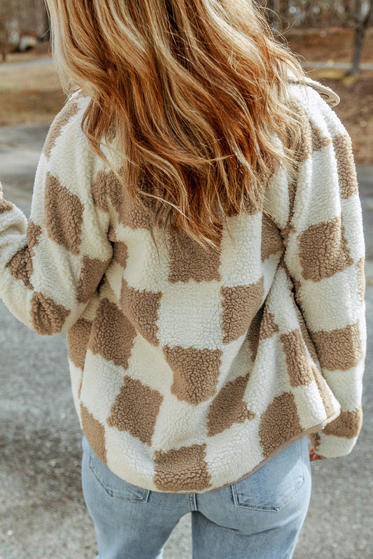 Brown Checked Snap Button Sherpa Jackets