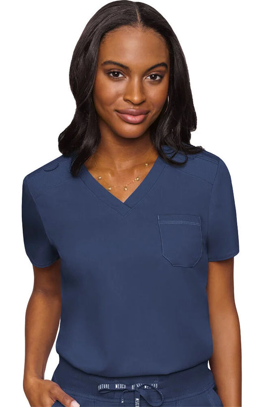Med Couture Women's V-Neck Scrub Top, Modern Fit Tuck-in Top with Stretchy Rib-Knit Shoulders and Chest Pocket - MC744