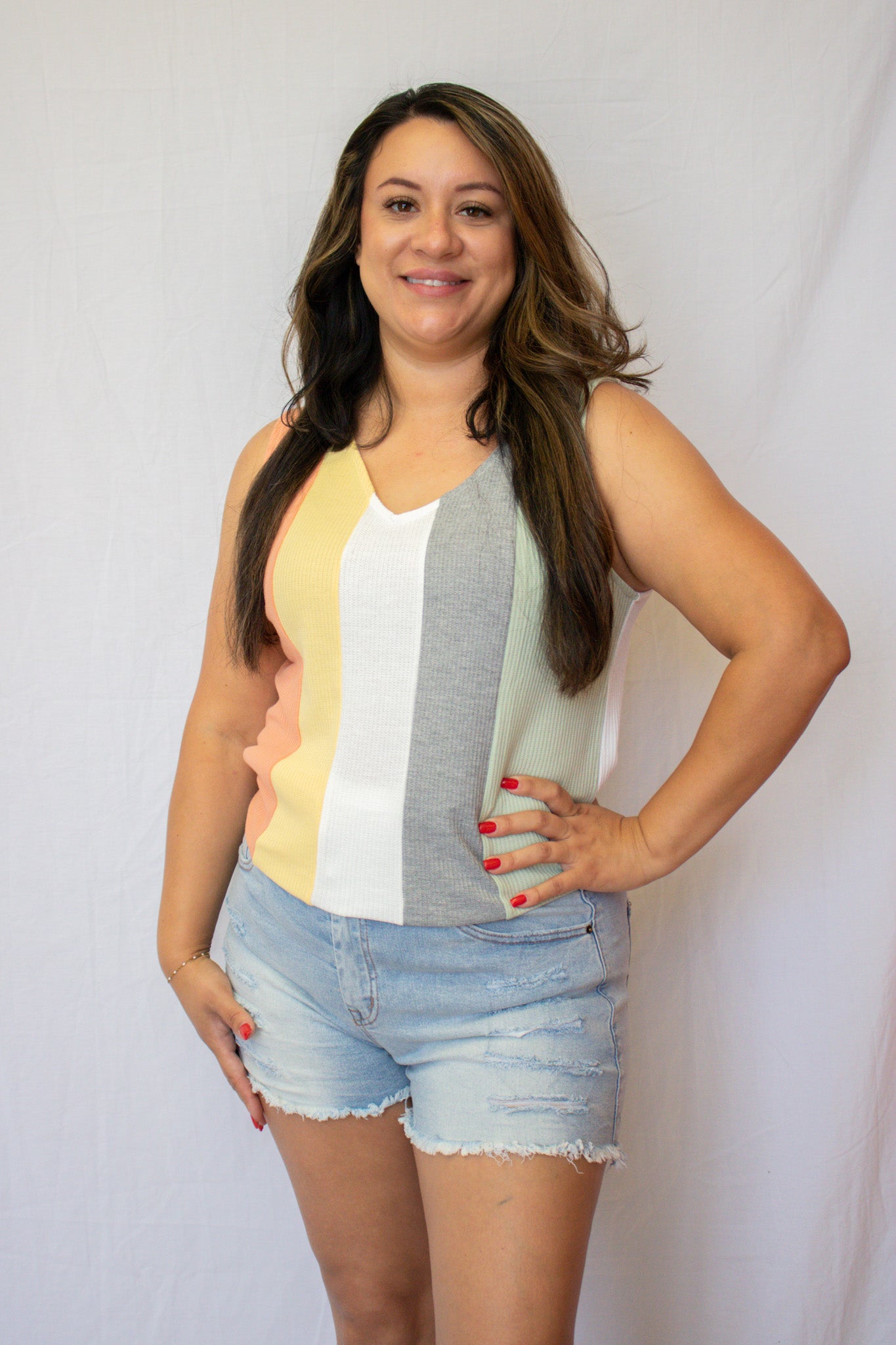 Multicolor Color Block V-Neck Waffle Tank Top