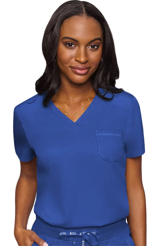 Med Couture Women's V-Neck Scrub Top, Modern Fit Tuck-in Top with Stretchy Rib-Knit Shoulders and Chest Pocket - MC744